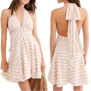 Free People Revolve Do the Twist Halter Dress Mini Tea Gingham Tie Halter